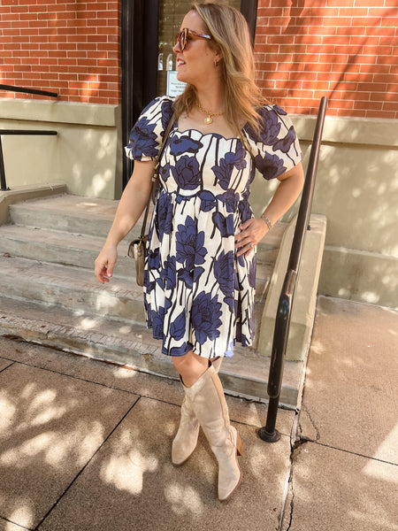 Floral Print Square Neck Mini Dress- Navy-K. Ellis Boutique