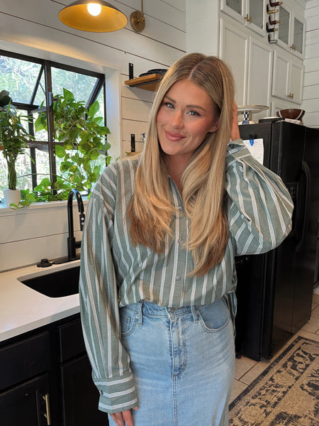 Mylie Striped Button Up- Olive-K. Ellis Boutique