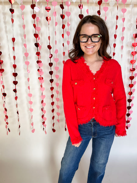 The Kym Frayed Trim Textured Cardigan- Red-K. Ellis Boutique