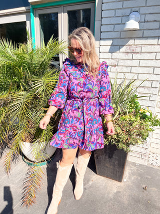 Valier Floral Balloon Sleeve Blouson Mini- Mauve Multi-Mini Dress-K. Ellis Boutique
