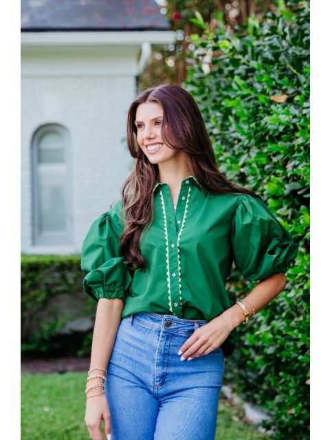 Karlie Poplin Ric Rac Trim Top- Olive-K. Ellis Boutique