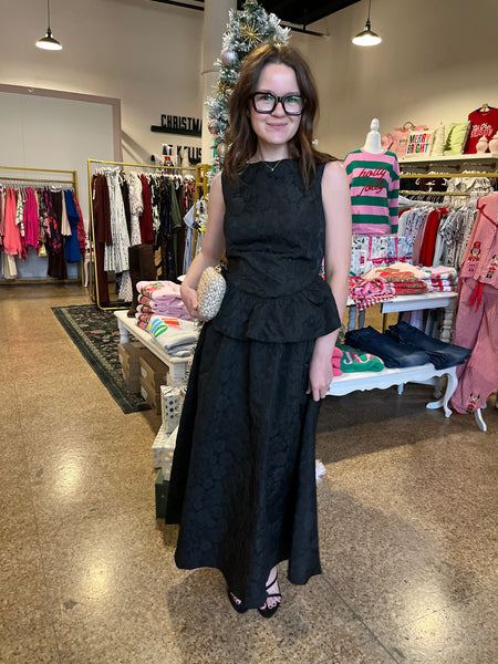 Katie Black Brocade Short Sleeve Top- Black-K. Ellis Boutique