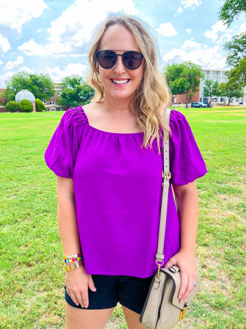 Puff Sleeve Square Neck Top- Magenta Purple-K. Ellis Boutique