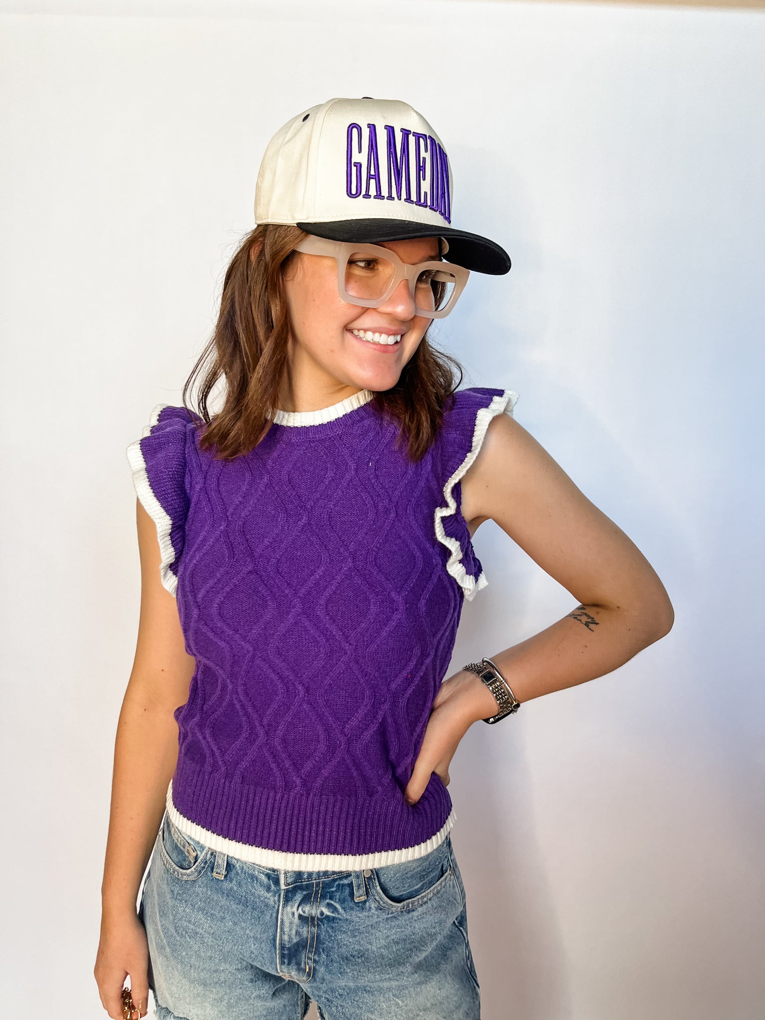 Cable Knit Ruffle Sleeve Top- Purple-K. Ellis Boutique