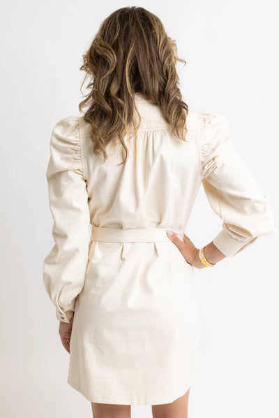 Karlie Belted Puff Sleeve Dress- Ivory Denim-K. Ellis Boutique