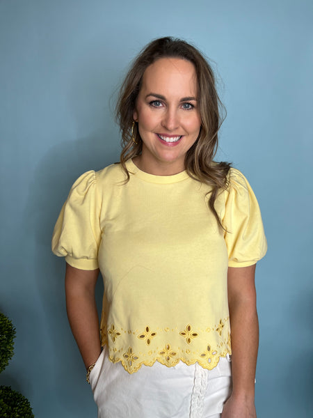 Solid Puff Sleeve Embroidery Hem Top - Lemon-K. Ellis Boutique