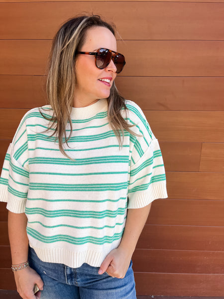 Drop Sleeve Stripe Knit Sweater- Green and White-K. Ellis Boutique
