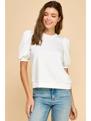 Puff Sleeve Sweatshirt- White-Short Sleeve Top-K. Ellis Boutique