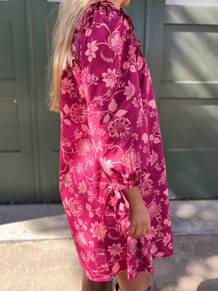 Mulberry Floral Rowena Ruffled Cotton Shift Dress- WINE COMBO-K. Ellis Boutique