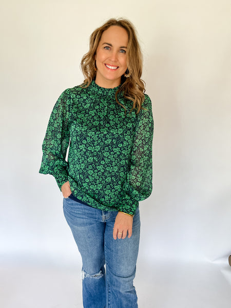 Mock Neck Printed Top - Spearmint Navy-K. Ellis Boutique