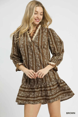 Floral Stripe Ruffle Trim Mini- Brown-K. Ellis Boutique