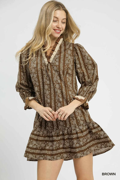 Floral Stripe Ruffle Trim Mini- Brown-K. Ellis Boutique