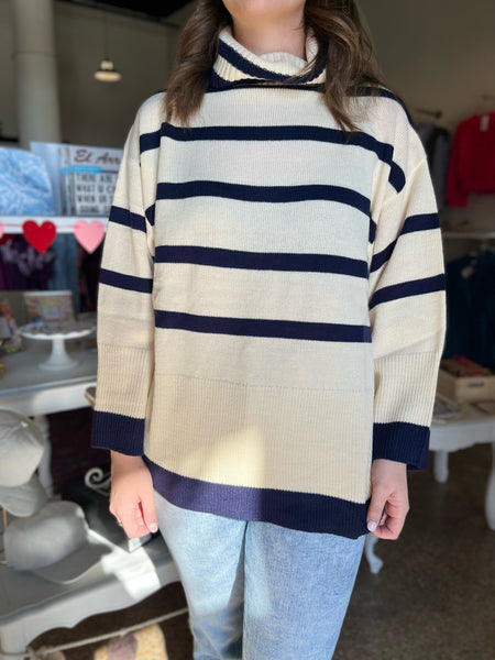 Striped Turtleneck Sweater- Cream/ Navy-K. Ellis Boutique