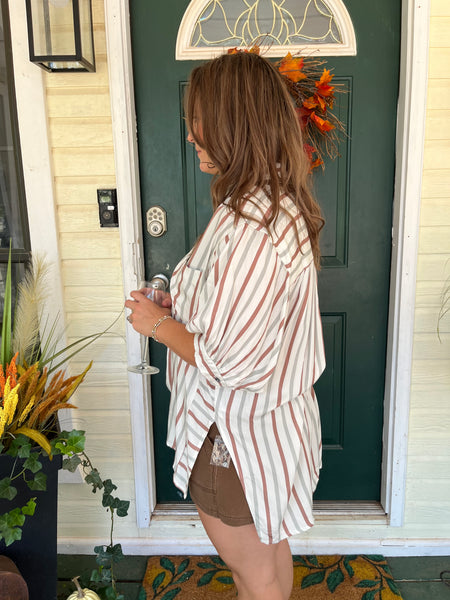 Stripe Print Button Down Top - Brown/Grey-K. Ellis Boutique