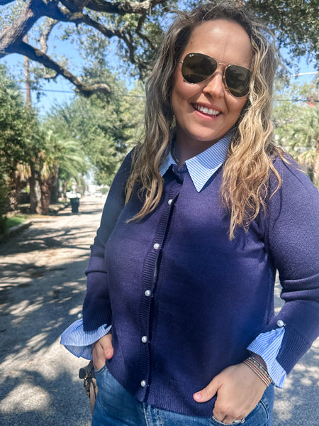 Collared Cardigan w/ Stripe Trim- Navy-K. Ellis Boutique