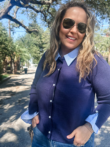 Collared Cardigan w/ Stripe Trim- Navy-K. Ellis Boutique