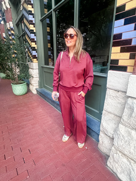 Half Zip Sweatshirt & Pant Set- Wine-K. Ellis Boutique