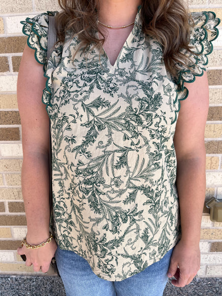 Floral Print V-Neck Top - Hunter Green-K. Ellis Boutique