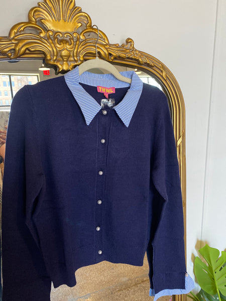 Collared Cardigan w/ Stripe Trim- Navy-K. Ellis Boutique
