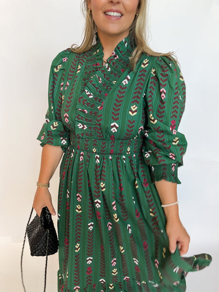 Floral Print Ruffle Trim Midi Dress- Forest Green Mix-K. Ellis Boutique