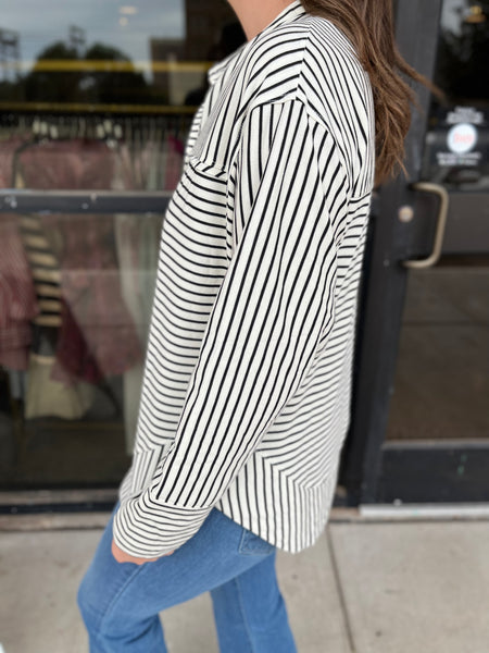 Striped Collared Long Sleeve Top - Cream-K. Ellis Boutique