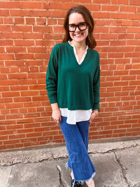 V-neck Knit Woven Combo Top- Pine Green-K. Ellis Boutique