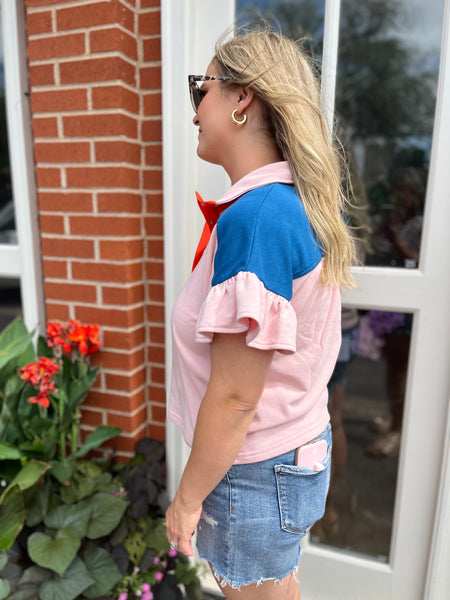 Color Block French Terry Ruffle Sweat Top- Pink-K. Ellis Boutique