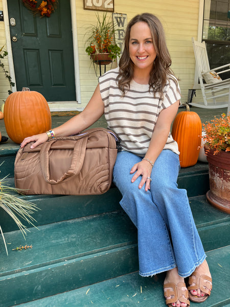 Stripe Print Round Neck Knit Top- Oatmeal-K. Ellis Boutique