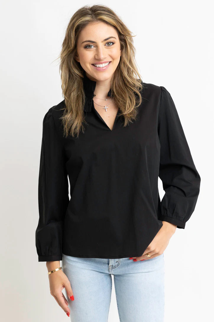 Karlie Solid Poplin Ruffle Neck Top- Black-K. Ellis Boutique