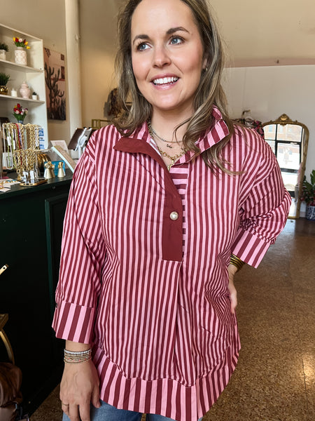 Cotton Collared Striped Top- Pink & Red-K. Ellis Boutique