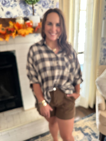 Oversized Plaid Button Down Top- Taupe-K. Ellis Boutique