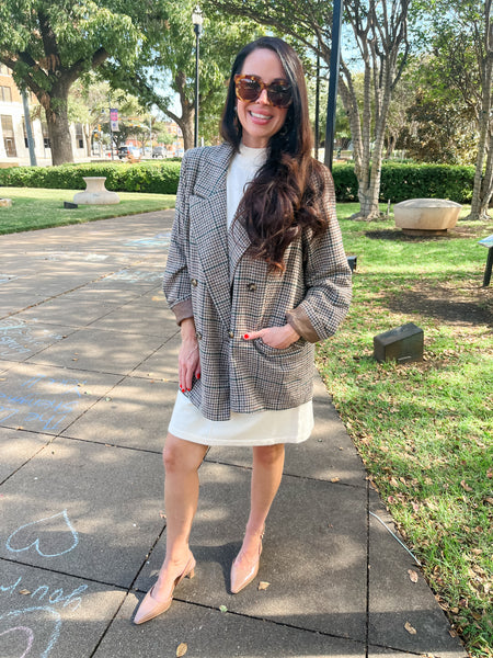 Wool Blend Oversize Checker Blazer- Brown-K. Ellis Boutique