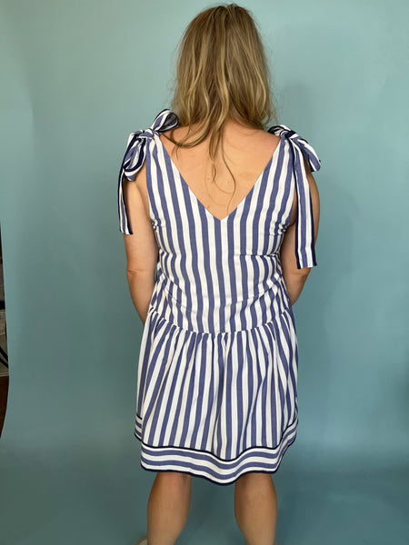 Stripe Print V-Neck Mini Dress - Blue-K. Ellis Boutique