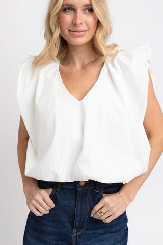 Soild Poplin V-Neck Bubble Top - Karlie-Short Sleeve Top-K. Ellis Boutique