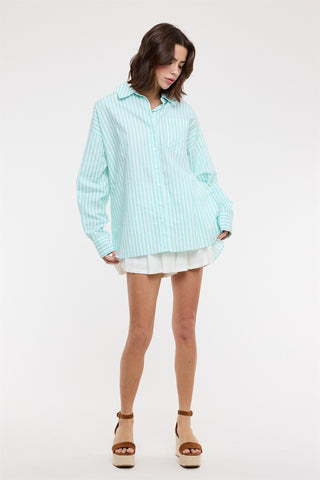 Striped Button-up Shirt- Aqua-Long Sleeve Top-K. Ellis Boutique