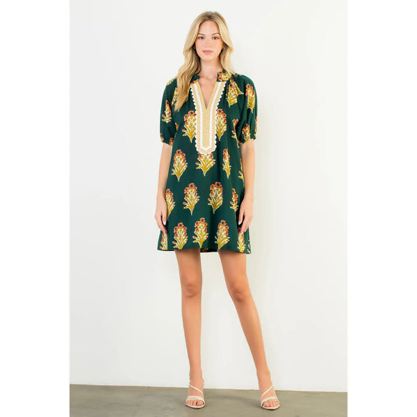 Floral Print Striped Detail Mini- Green- THML-K. Ellis Boutique