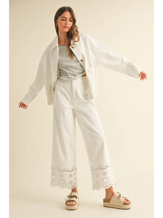 Embroidery Bottom Pants- White Jeans-K. Ellis Boutique