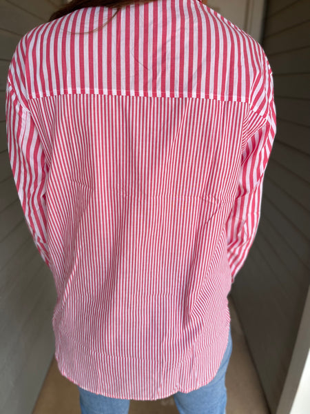 STRIPED LONG SLEEVE COLLARED BLOUSE - PINK-K. Ellis Boutique