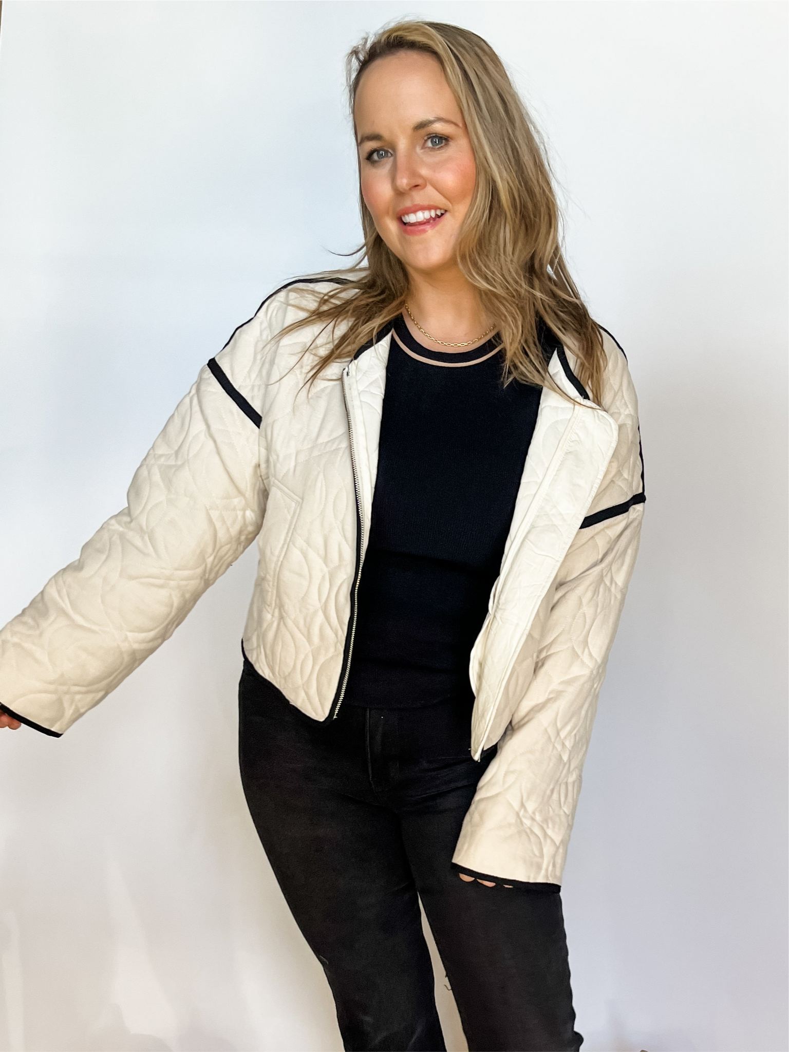 Quilted Contrast Binding Jacket- Ivory-K. Ellis Boutique