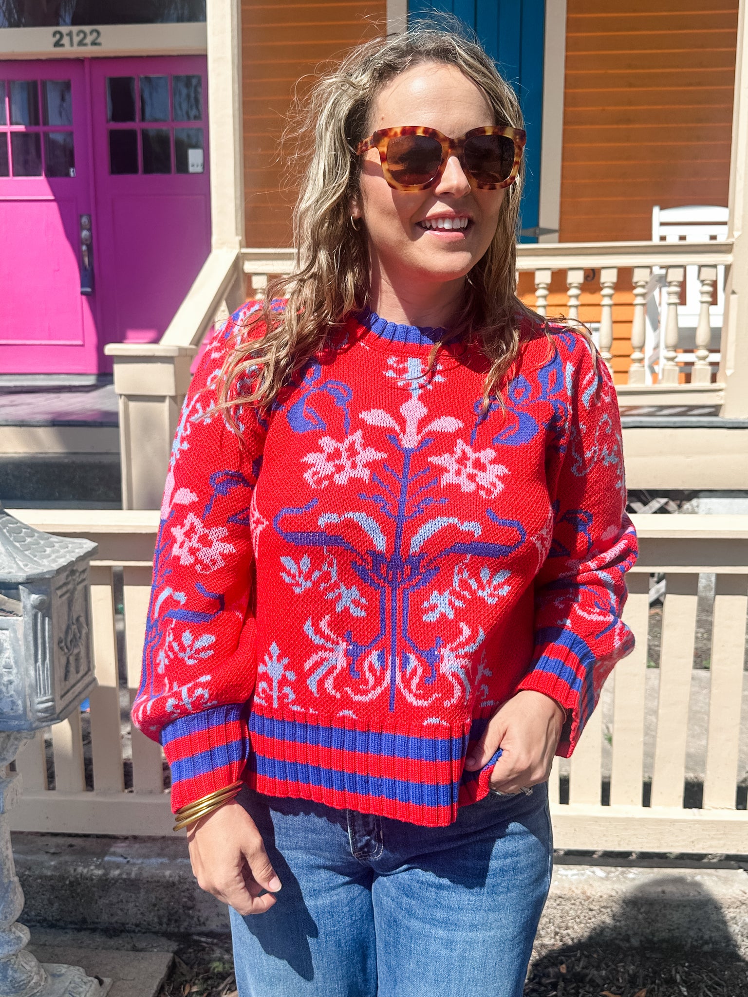 Almila Pleated Sweater- Red Multi-K. Ellis Boutique