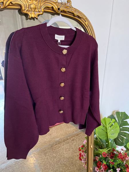 Crewneck Button Up Cardigan- Wine-K. Ellis Boutique