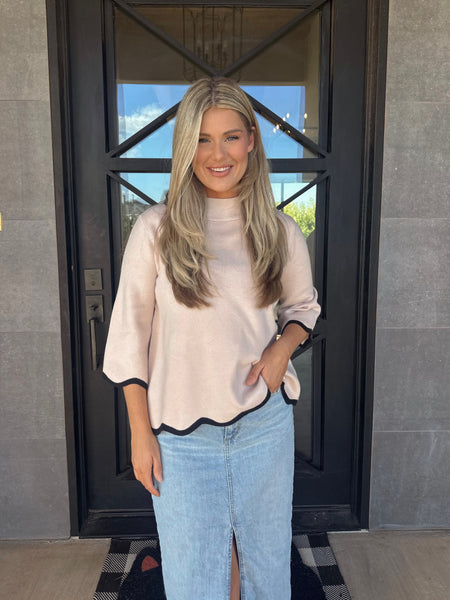 Scallop Edge Detailed Mock Neck Sweater- Blush/Black-K. Ellis Boutique