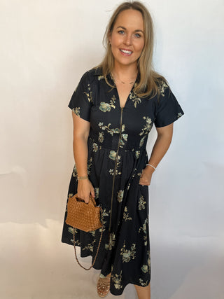 Paisley Zip Front Midi- Black-K. Ellis Boutique