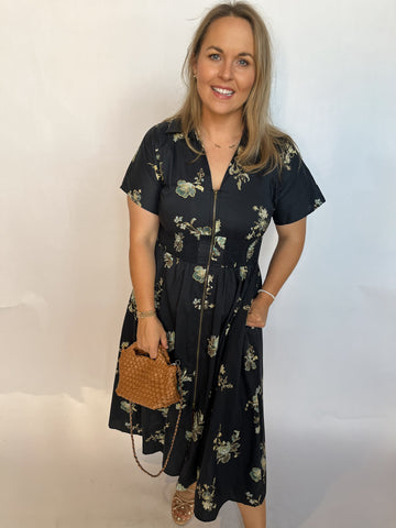 Paisley Zip Front Midi- Black-K. Ellis Boutique