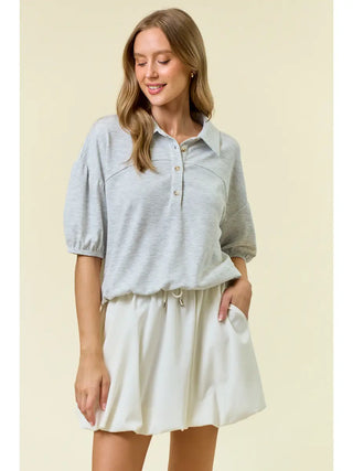 Knit Collared Cinched Hem Top- Grey-Short Sleeve Top-K. Ellis Boutique