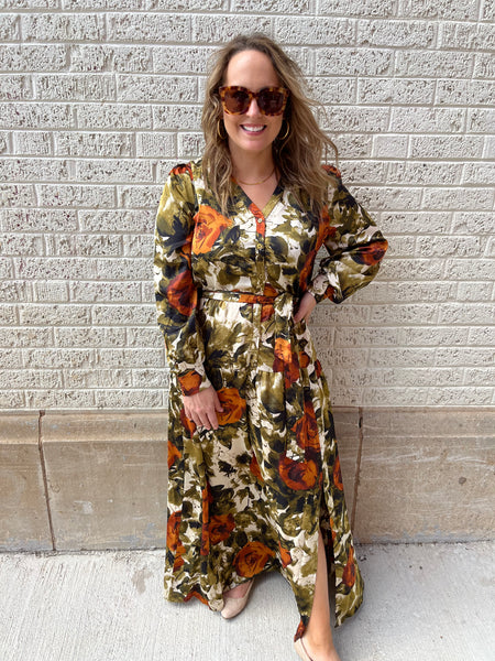 Abstract Rose Button Up Midi Dress- Rust/Olive-K. Ellis Boutique