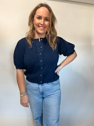 Beth Scallop Knit Button Up Cardigan /Top- Navy-K. Ellis Boutique