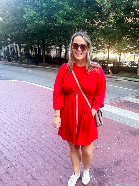 Drawstring Waist Long Sleeve Mini- Red-K. Ellis Boutique