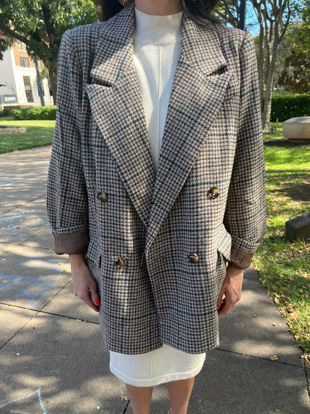 Wool Blend Oversize Checker Blazer- Brown-K. Ellis Boutique