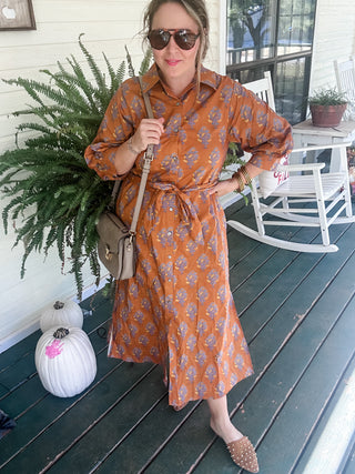 Emily Block Print Midi Dress- Brown Print-K. Ellis Boutique